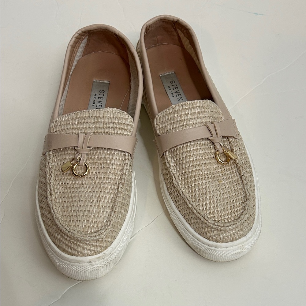 Steven New York Beige Woven Loafers Gold Accent Kiana 6M